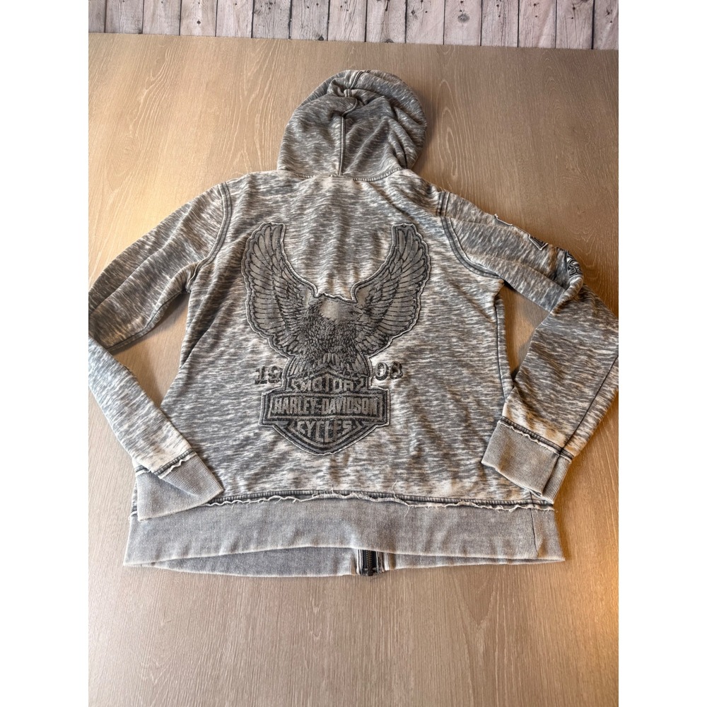 Harley Davidson Womens XL Gray Burnout Full Zip Eagle Graphic Hoodie Sweatshirt - Picture 8 of 14